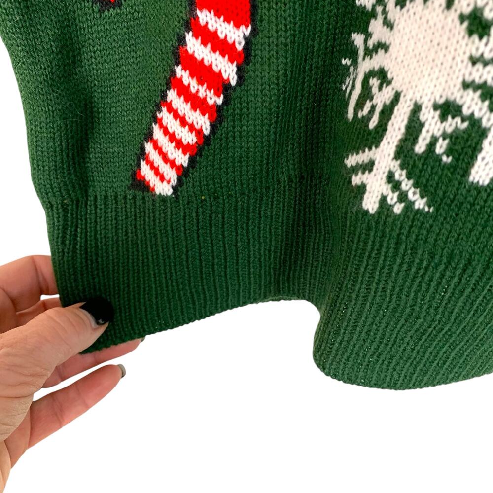Pink Reindeer Sz L Green Knit Sweater Red Collar & Cuffs XMAS Sweater - Picture 5 of 8